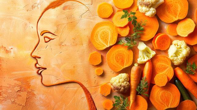 Create an image of a skin silhouette adorned with slices of sweet potatoes, carrots, and squash, showcasing the skin-nourishing effects of beta-carotene and vitamin A-rich foods.