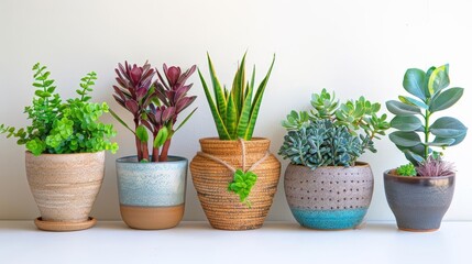 decorative plants with rustic vibes, including green plants in brown and blue vases, displayed on a transparent background against a white wall