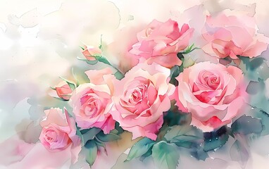 Watercolor painting of flowers, bouquet of pink roses for greeting cards, invitations, posters, wedding decoration 