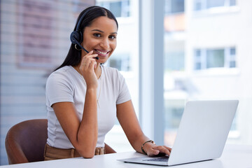 Woman, call centre and laptop in office with headphone or microphone to communicate for clients in...