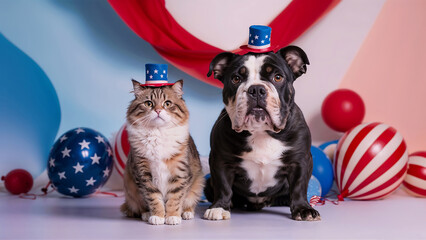 Patriotic Canine and Feline Celebration of US Independence Day: A Ragdoll cat and Alapaha Blue Blood Bulldog with Top Hats and Independence Theme.