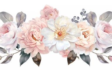 Pale pink camellias, dusty roses, ivory white peonies, blush protea, pink ranunculus, watercolor vector design bouquet