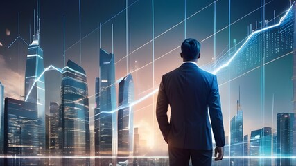A futuristic cityscape with towering skyscrapers, each representing a different global financial institution, connected by a network of glowing lines and data streams. In the center, a businessman .