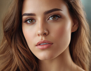 Obraz premium Una donna con lineamenti delicati, occhi azzurri e un'espressione serena. 