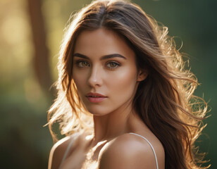 Naklejka premium Primo piano di una donna con capelli castani ricci e occhi scuri. 