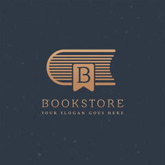 Bookstore Logo. Book symbol with bookmark. Stock vector illustration isolated on dark background.