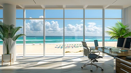 Beautiful interior of modern beach house with open office area, white wooden floorboards, large windows overlooking the sea