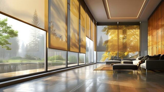 Automated Solar Shades Enhance Modern Interior with Wooden Panels. Concept Automated Shades, Solar Shades, Modern Interior, Wooden Panels, Home Decor
