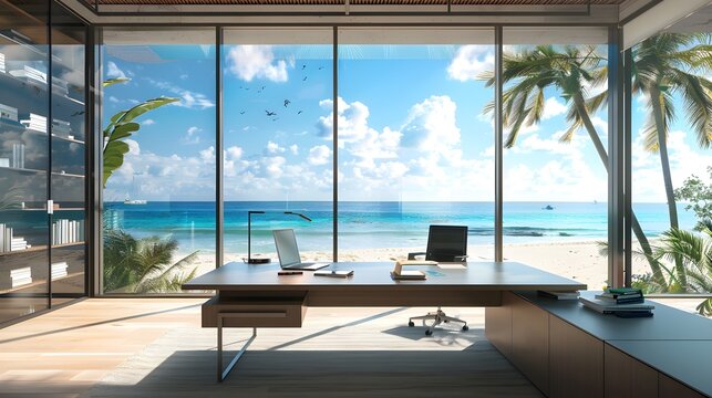 Beautiful interior of modern beach house with open office area, white wooden floorboards, large windows overlooking the sea