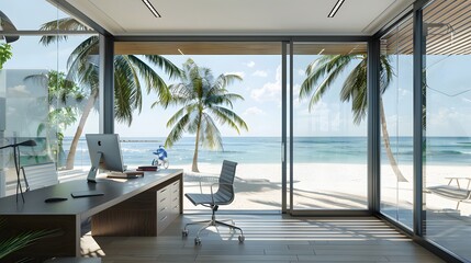 Beautiful interior of modern beach house with open office area, white wooden floorboards, large windows overlooking the sea