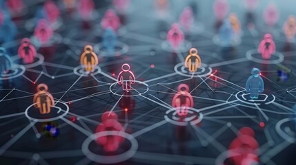 Virtual meeting concept, showcasing a network of circles with diverse user connected by digital lines, symbolizing online collaboration and communication. Generative AI.