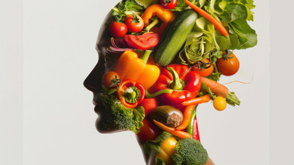 a woman's silhouette with a variety of vegetables like broccoli, carrots, and mushrooms arranged in the form of a brain, illustrating the concept of 'food for thought' and its impact on mental health.