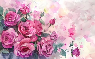 Watercolor bouquet of pink roses for background
