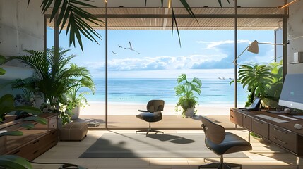 Beautiful interior of modern beach house with open office area, white wooden floorboards, large windows overlooking the sea