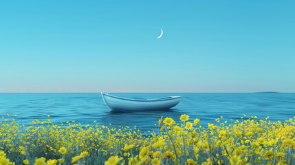 Serene seascape with boat, crescent moon, and yellow flowers