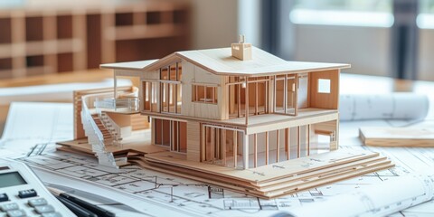 house model on the top of blueprints, calculator