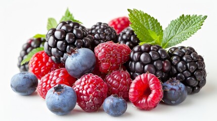 edible wild berries, including red raspberries and green leaves, are displayed on a isolated background