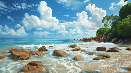Beautiful beach with rocks on Praslin island, Seychelles. In the style of Angie Fuser, transparent water, blue sky and white clouds, blue sea
