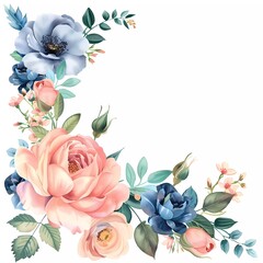 Watercolor floral corner border. Blush pink roses, peonies, blue wildflowers with leaves and branches