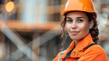 Portrait of female construction worker with helmet in front of building site. Concept Construction Worker Portraits, Building Site Background, Female Worker, Helmet, Outdoor Photoshoot