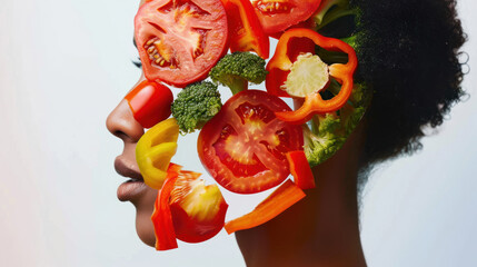 a woman's silhouette with a variety of vegetables like broccoli, carrots, and mushrooms arranged in the form of a brain, illustrating the concept of 'food for thought' and its impact on mental health.