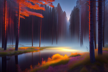 dawn in the fog over the birches in the swamp, Ai generated