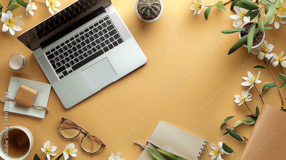 Poster workplace with laptop, flat lay beige pastel background, table with copy mock up space, view from ab