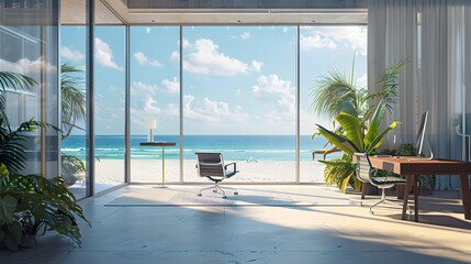 Beautiful interior of modern beach house with open office area, white wooden floorboards, large windows overlooking the sea
