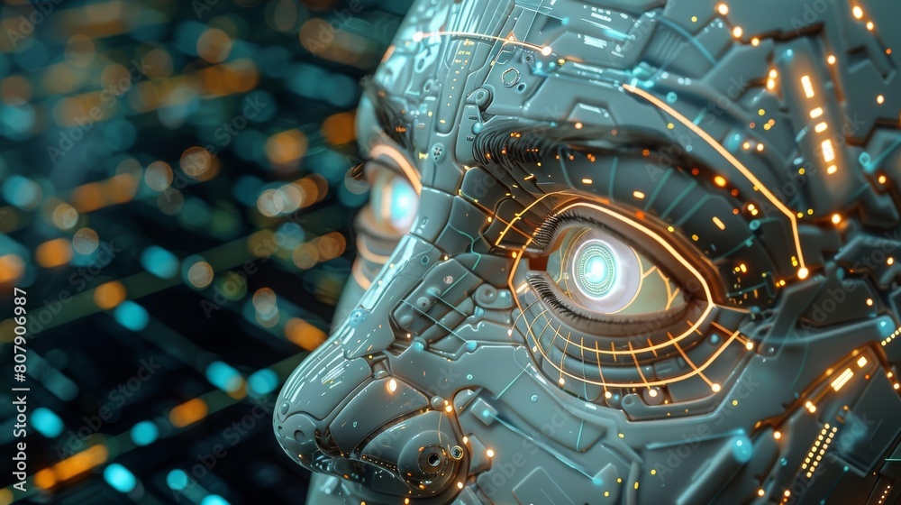 Poster The evolution and potential of artificial intelligence (AI) technology. Highlight key concepts such as machine learning, neural network, and deep learning in visually striking manner. Generative AI.