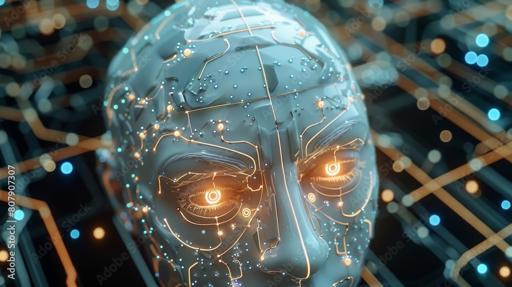 Poster The evolution and potential of artificial intelligence (AI) technology. Highlight key concepts such as machine learning, neural network, and deep learning in visually striking manner. Generative AI.