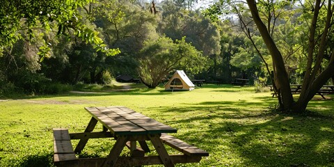 Serene Campsite with Tent and Wooden Table in Lush Park