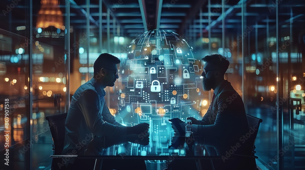 Poster two colleagues working together to protect clients confidential information and cyber security. it h