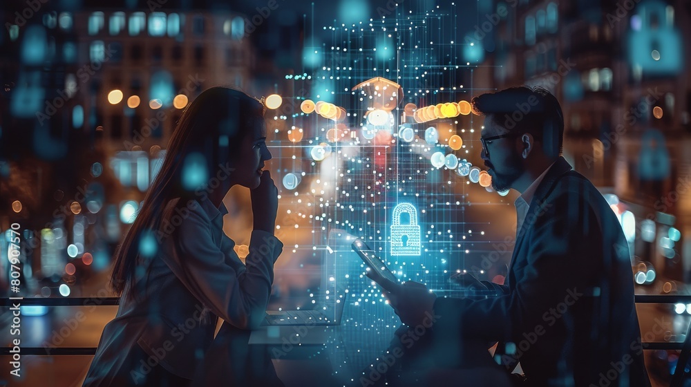 Aufkleber Two colleagues working together to protect clients confidential information and cyber security. IT hologram padlock icons modern office background at night time. Generative AI.