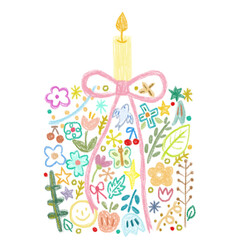 cute tiny colorful flowers and plants birthday cake with pink ribbon on white background , illustration card decoration