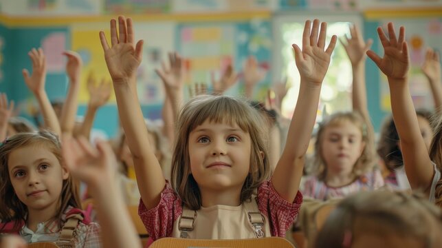 A classroom of children raising their hands