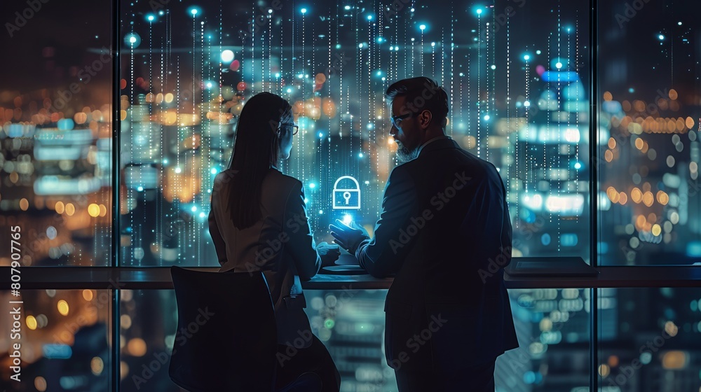 Poster two colleagues working together to protect clients confidential information and cyber security. it h