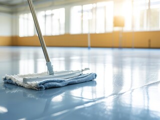 Professional Cleaning of Gym Floor with Mop and Bright Sunlight