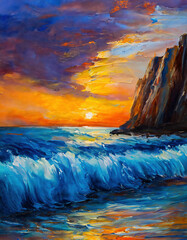 Dreamlike illustration of beautiful sunset on the beach with Huge cliffs, waves and reflections	