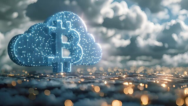 Illustration of bitcoin cloud mining featuring the BTC symbol above clouds with digital elements
