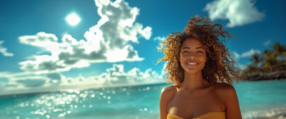 Naklejka premium Sunlit Serenity: African American Woman Relishing the Radiant Beach Day