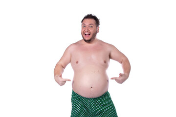 Men's health and erection problems. Fat man posing on a white background.