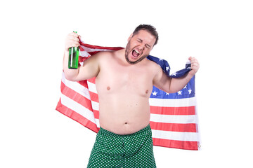 Men's health and alcoholism problems. Fat man drinking beer posing on white background.
