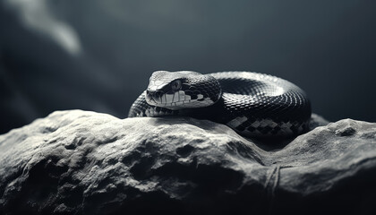 A snake is curled up on a rock