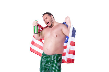 Men's health and alcoholism problems. Fat man drinking beer posing on white background.