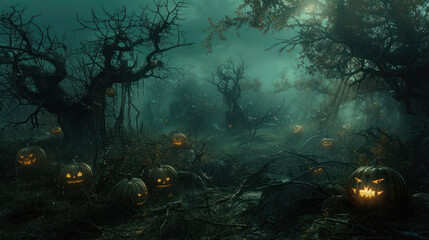 Fototapeta premium a chilling depiction of an eerie glade nestled within a haunted forest, where malevolent pumpkins with glowing eyes line the forest floor, their eerie light piercing the darkness 
