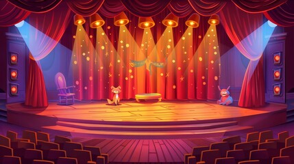 Animated puppet show on stage with red curtains, spotlights, and chairs. Toy theatre for kids, wooden scene with dog, rabbit and fox marionette dolls, animal hands. Cartoon modern illustration.