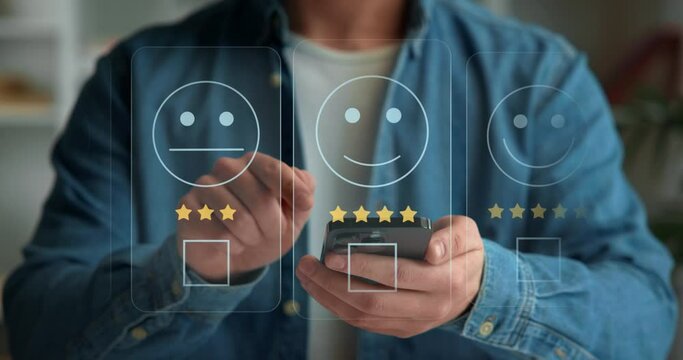 Close-up of hands and smartphone, evaluation of the quality of service,store,service,services in network and social networks. Rating assessment and customer service satisfaction. Feedback rating app