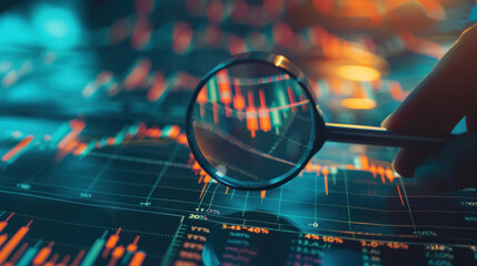 a close-up image of a hand holding a magnifying glass over detailed stock market reports, with numbers and charts magnified, symbolizing the scrutiny and analysis of financial data - Powered by Adobe