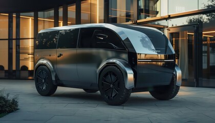autonomous futuristic ev van, silver and black with large windows