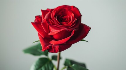 high - impact red rose close - up against a white and gray wall, surrounded by green leaves